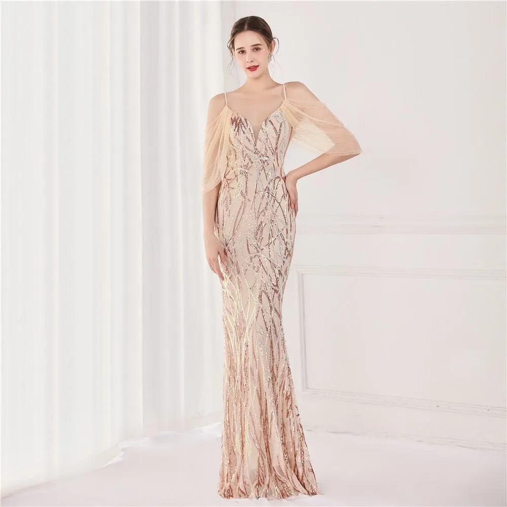 New Women Elegant Spaghetti Strap Tulle Beading Formal Evening Dress Sexy Mermaid Sequin Party Dress