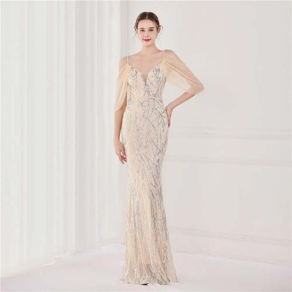 New Women Elegant Spaghetti Strap Tulle Beading Formal Evening Dress Sexy Mermaid Sequin Party Dress