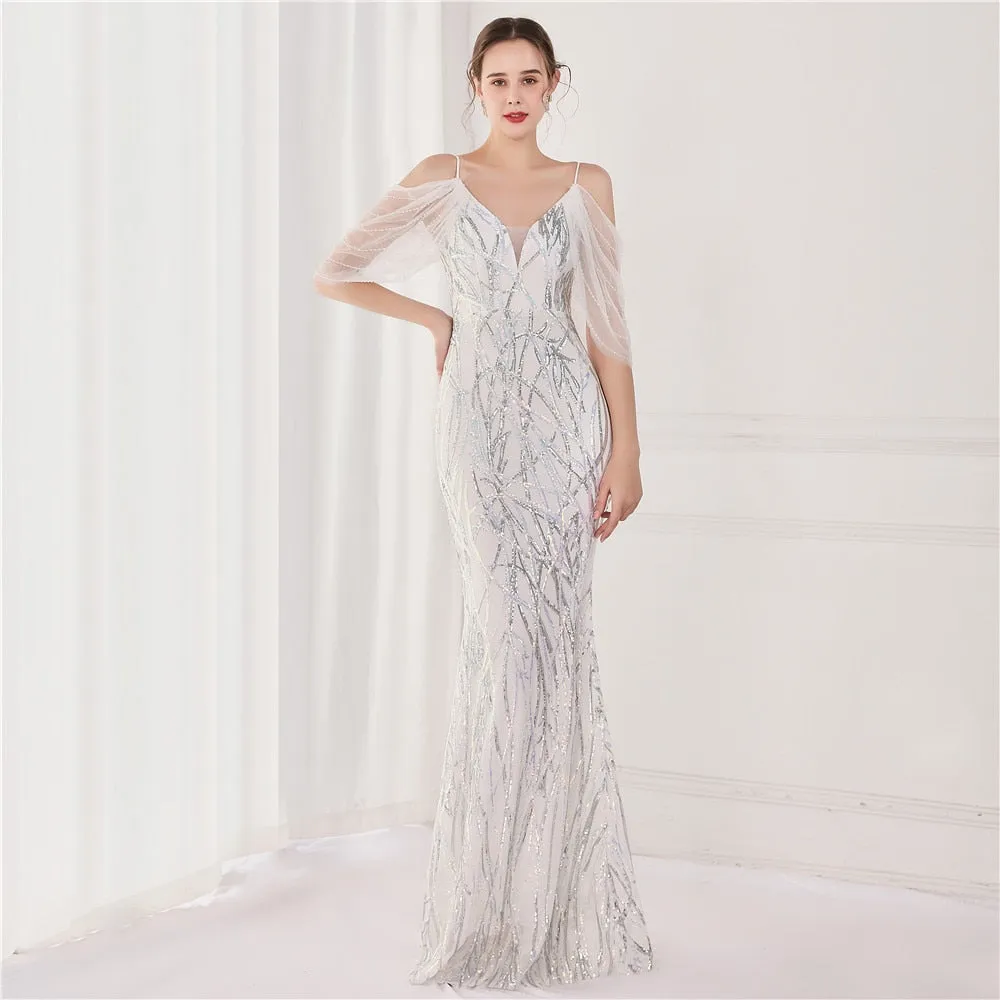 New Women Elegant Spaghetti Strap Tulle Beading Formal Evening Dress Sexy Mermaid Sequin Party Dress