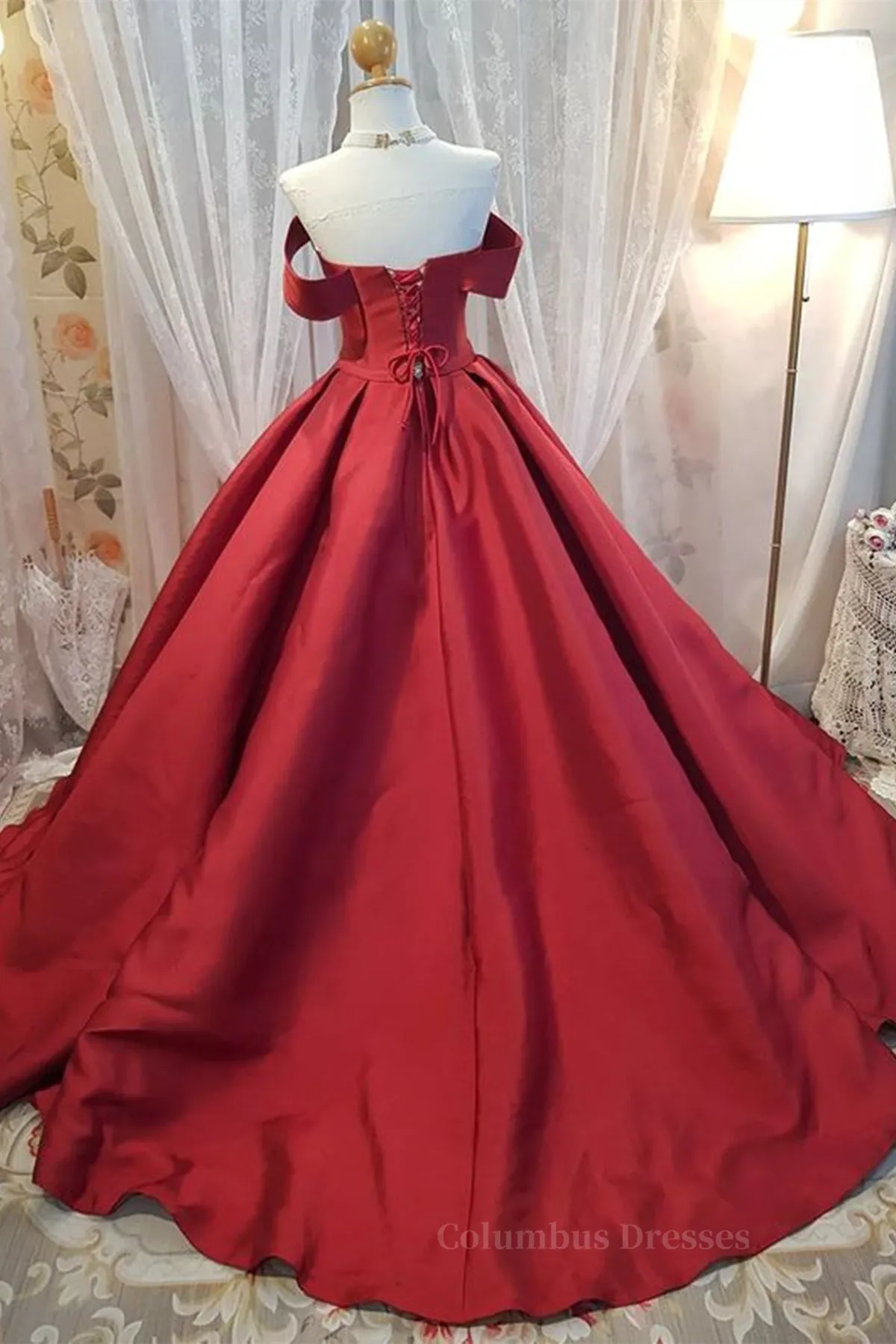 Off Shoulder Burgundy Satin Long Prom Dress, V Neck Burgundy Formal Evening Dress, Burgundy Ball Gown