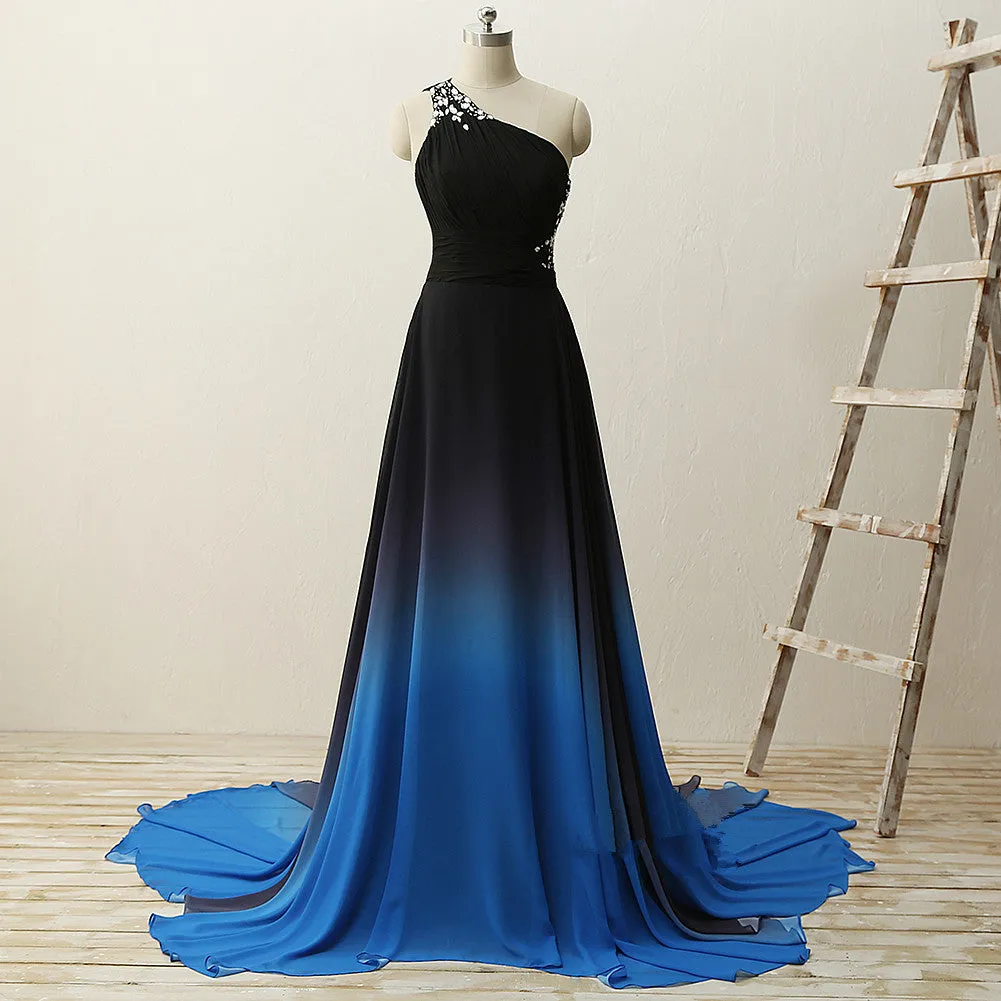 One Shoulder Beaded Chiffon Gradient Long Party Dress, Blue Formal Dress, Prom Dress