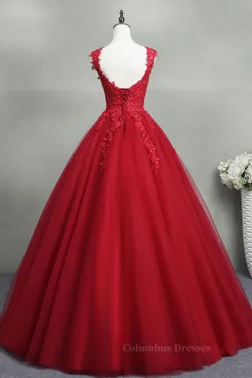 Open Back Red Lace Long Prom Dress, Red Lace Formal Evening Dress, Red Ball Gown