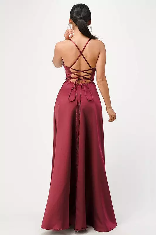 open side back spaghetti zig zag tie satin gown