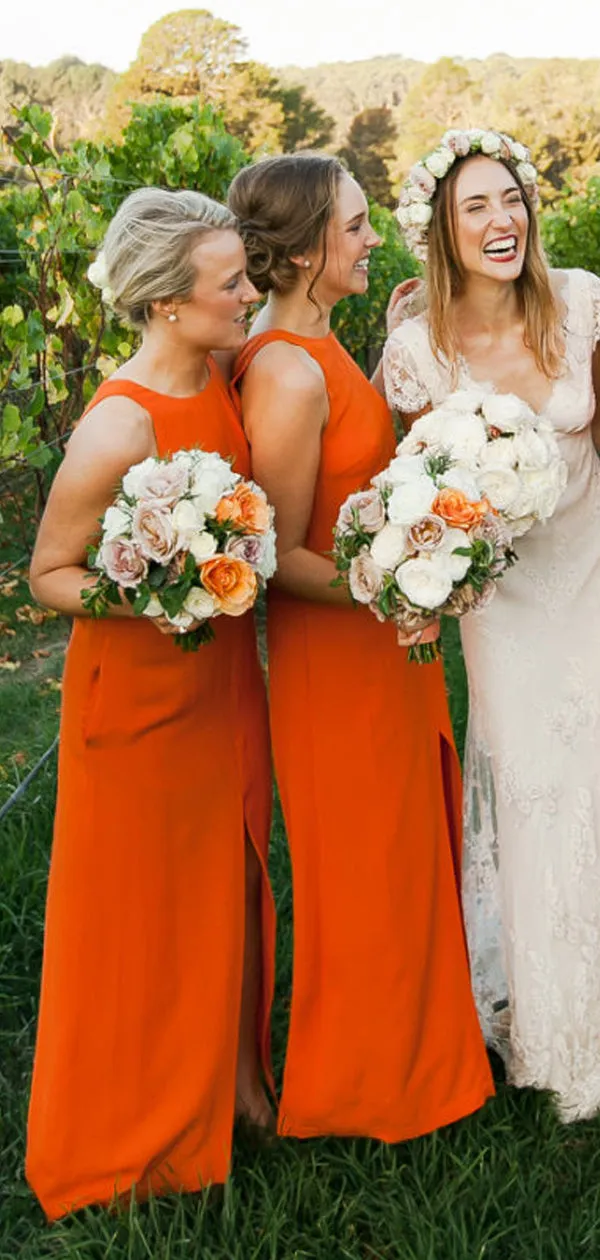 Orange Chiffon Round Neck Wuth Front Slip Bridesmaid Dresses,DB119