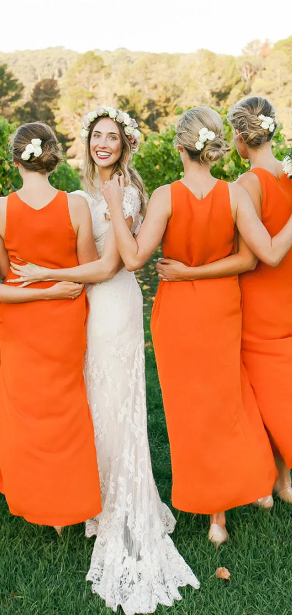 Orange Chiffon Round Neck Wuth Front Slip Bridesmaid Dresses,DB119