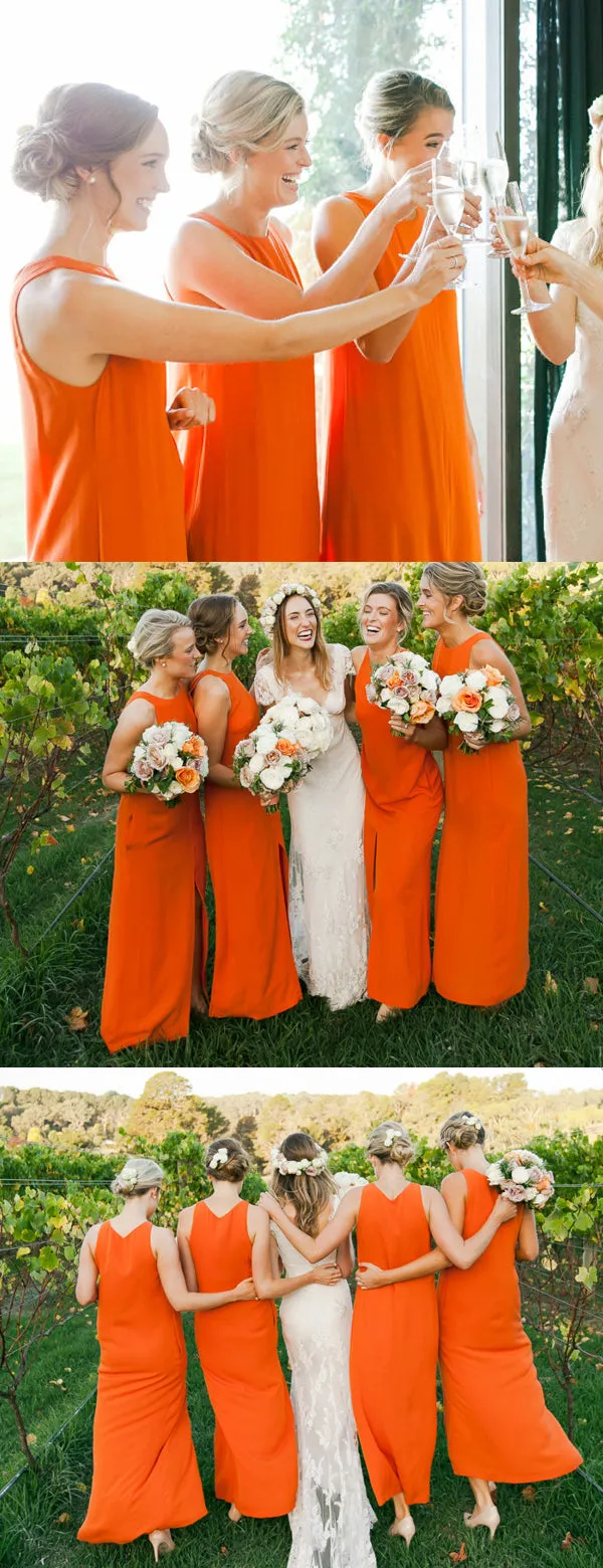 Orange Chiffon Round Neck Wuth Front Slip Bridesmaid Dresses,DB119