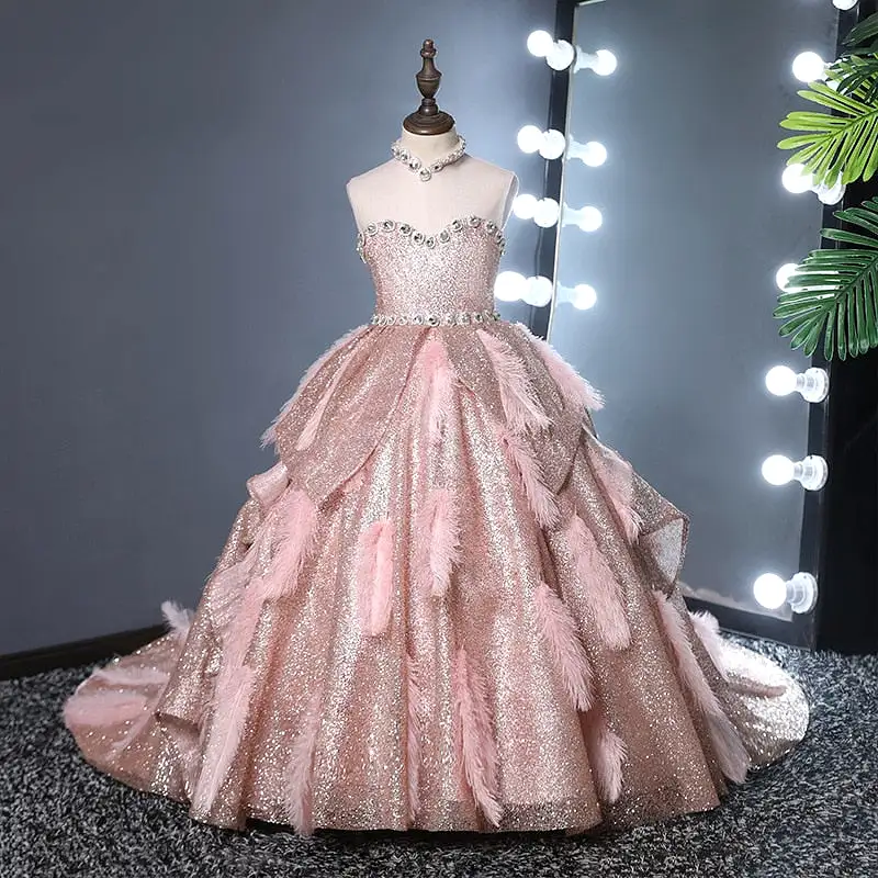 Pageant Sequins Feathers Ball Gown