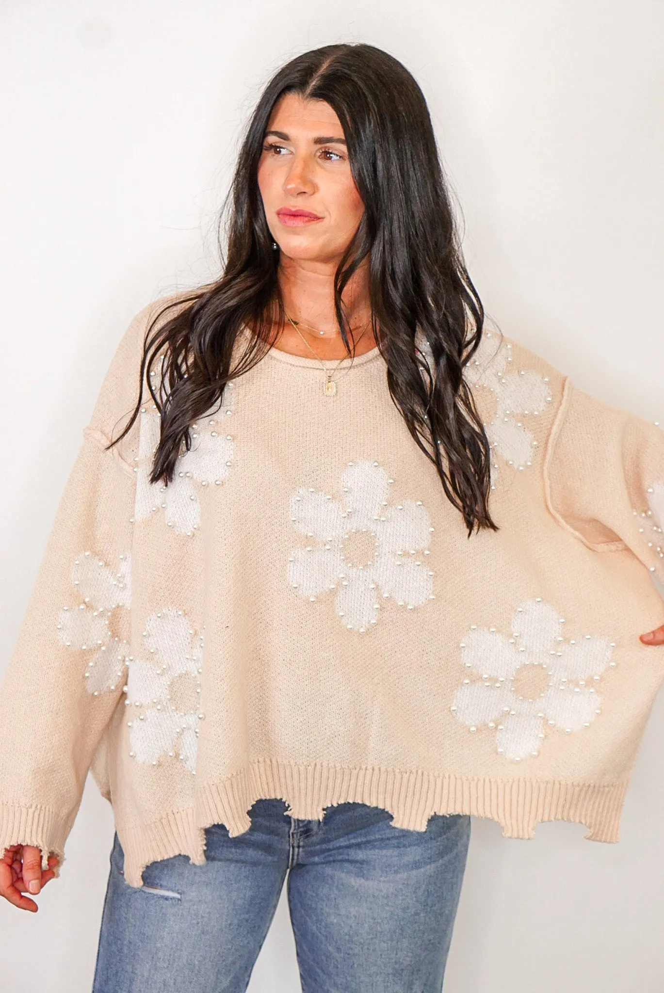 Pearl Embellished Daisy Natural Sweater