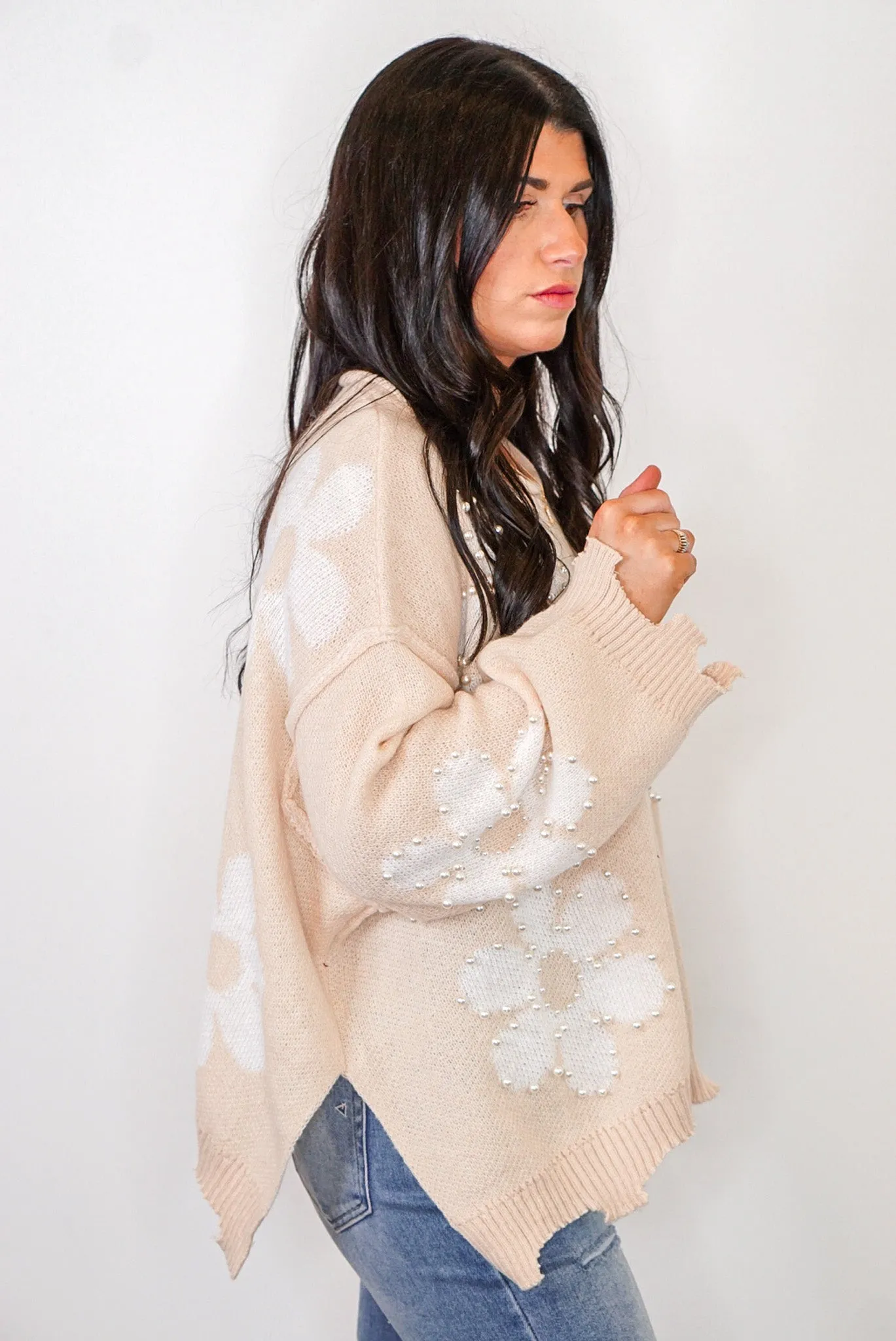 Pearl Embellished Daisy Natural Sweater