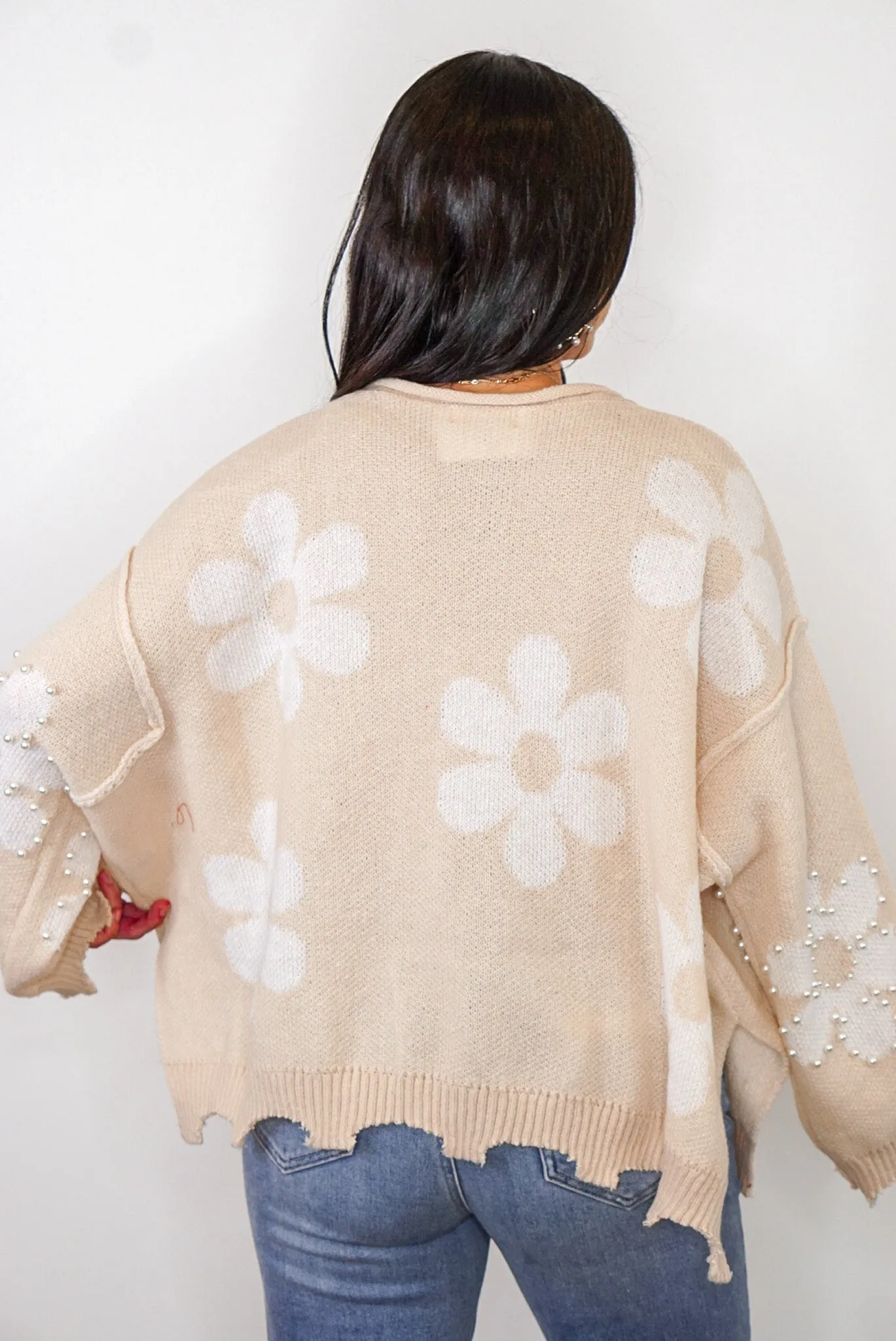 Pearl Embellished Daisy Natural Sweater