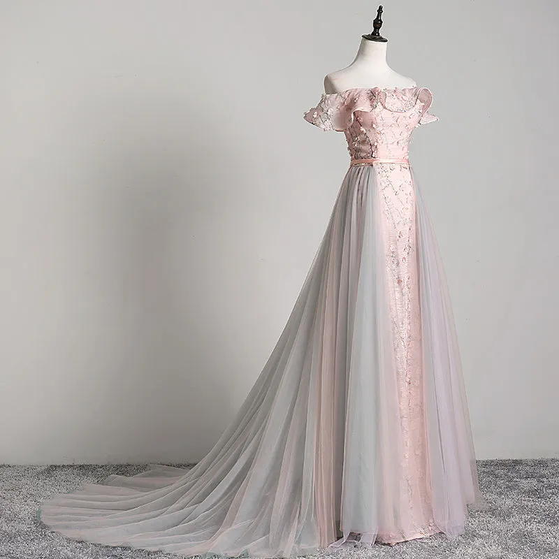 Pink Floral Lace Off Shoulder Long Party Dress with Tulle Train, Charming Pink Evening Dress