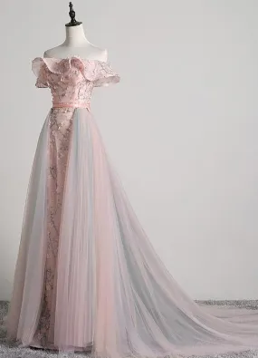 Pink Floral Lace Off Shoulder Long Party Dress with Tulle Train, Charming Pink Evening Dress