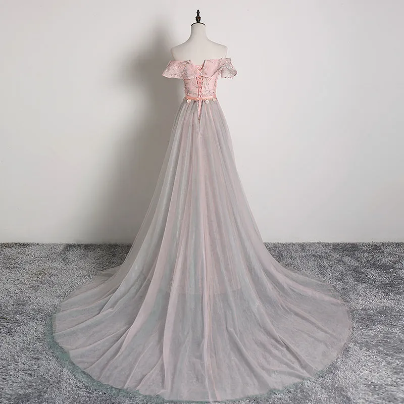 Pink Floral Lace Off Shoulder Long Party Dress with Tulle Train, Charming Pink Evening Dress