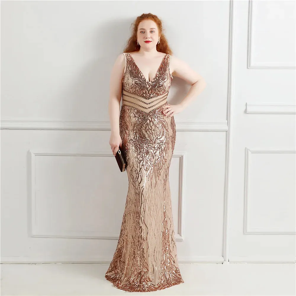 Plus Size Elegant V Neck Women See Through Beads Long Party Dreess New 2021 Sequins Evening Dress Long Prom Dress