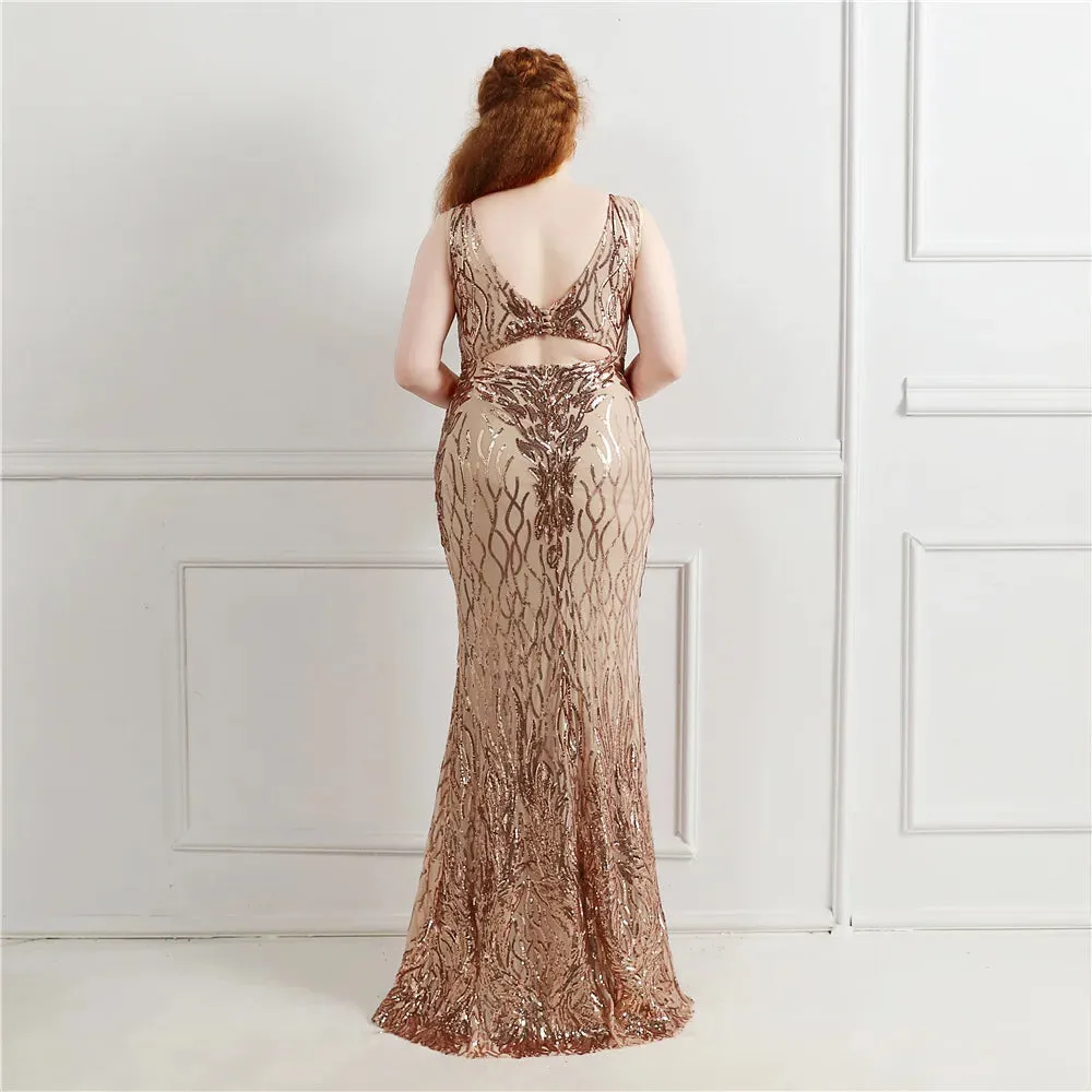 Plus Size Elegant V Neck Women See Through Beads Long Party Dreess New 2021 Sequins Evening Dress Long Prom Dress