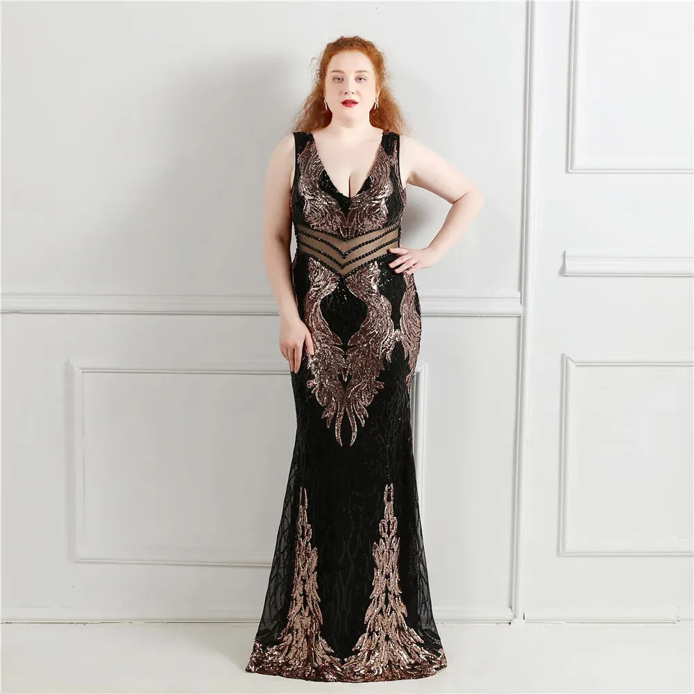 Plus Size Elegant V Neck Women See Through Beads Long Party Dreess New 2021 Sequins Evening Dress Long Prom Dress