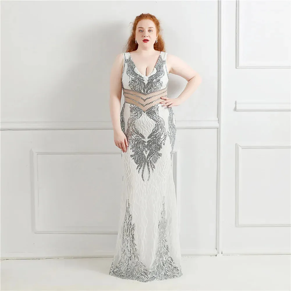 Plus Size Elegant V Neck Women See Through Beads Long Party Dreess New 2021 Sequins Evening Dress Long Prom Dress