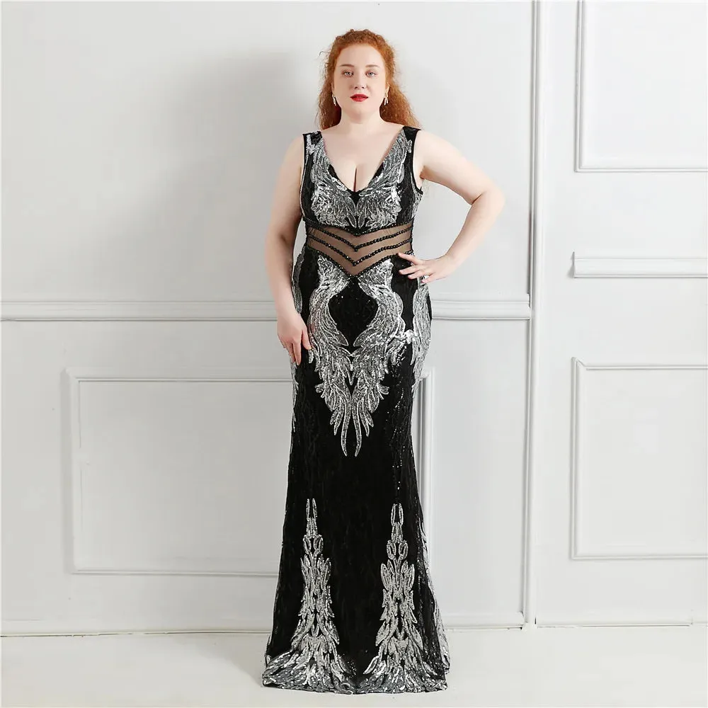 Plus Size Elegant V Neck Women See Through Beads Long Party Dreess New 2021 Sequins Evening Dress Long Prom Dress