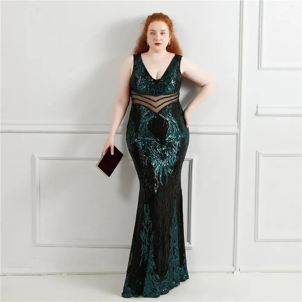 Plus Size Elegant V Neck Women See Through Beads Long Party Dreess New 2021 Sequins Evening Dress Long Prom Dress