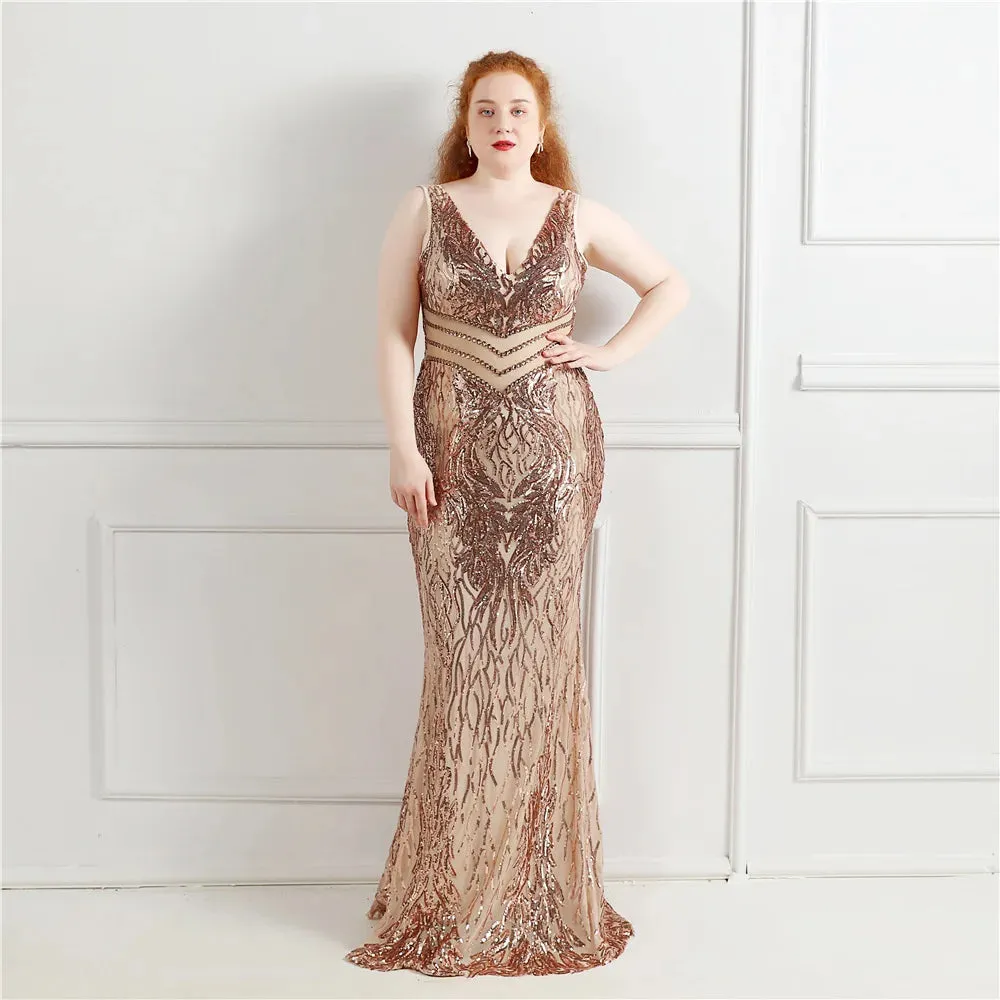 Plus Size Elegant V Neck Women See Through Beads Long Party Dreess New 2021 Sequins Evening Dress Long Prom Dress