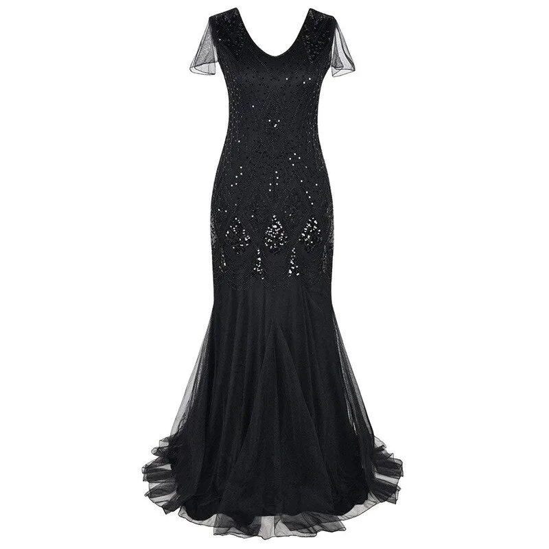 Plus Size Evening Dress Black Golden Sequins Beaded Formal Long Evening Party Dress