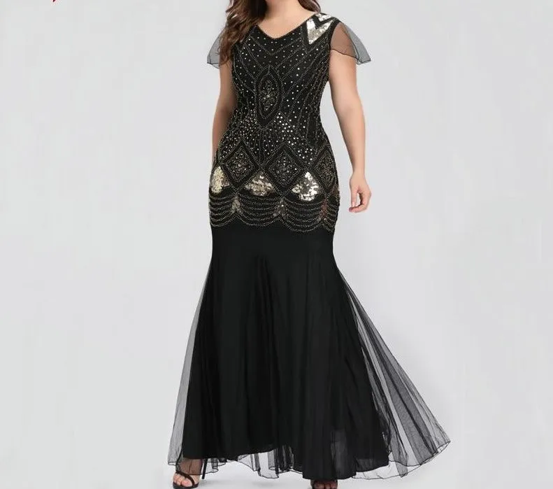 Plus Size Evening Dress Black Golden Sequins Beaded Formal Long Evening Party Dress