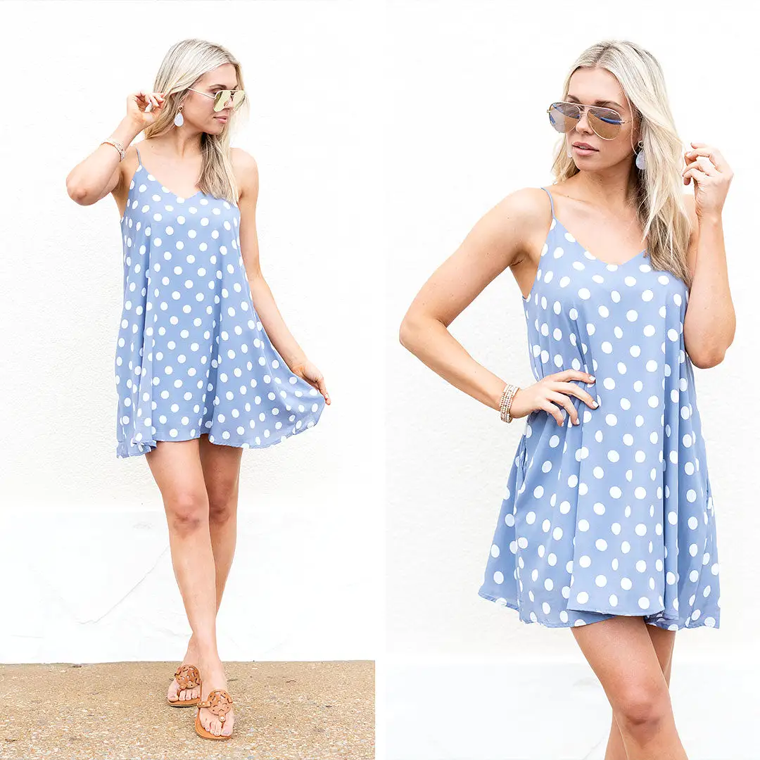 Polka Dot Party Dress, Light Denim-Ivory