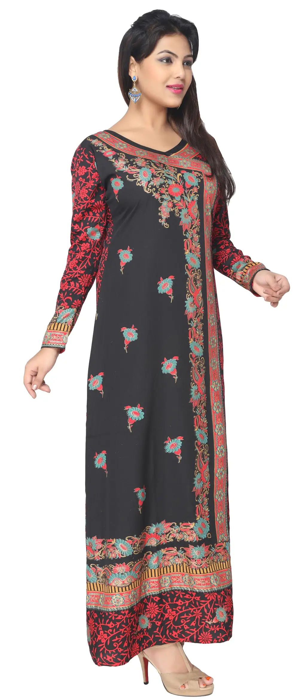 Printed Evening Caftan Womens Long Dress Abayas (Black)