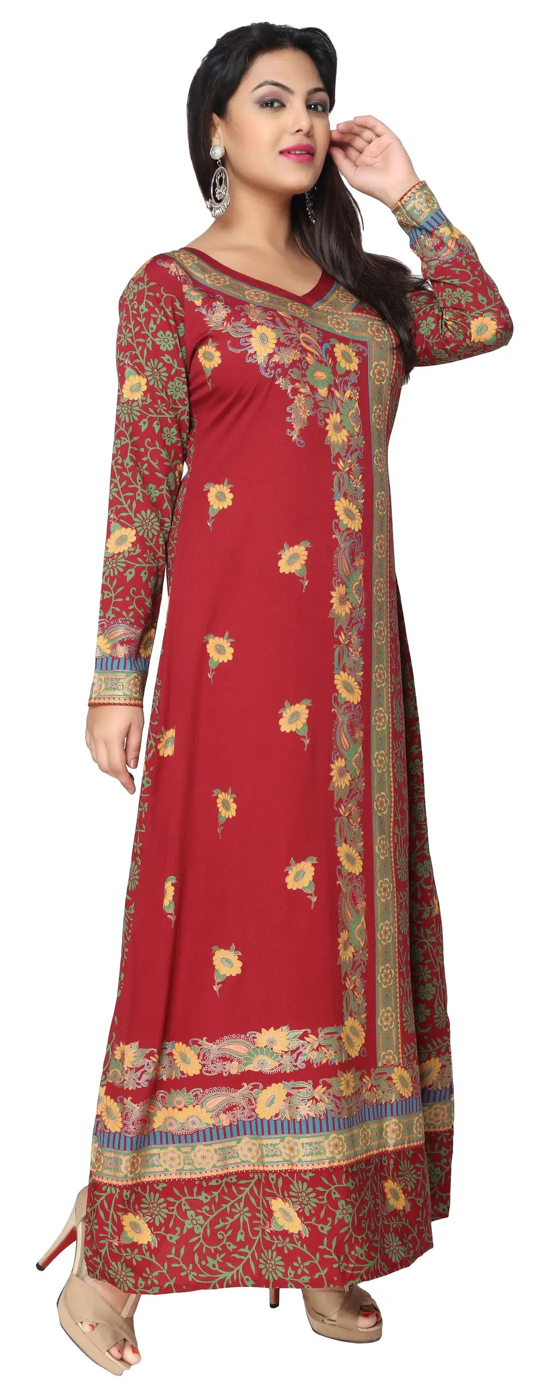 Printed Evening Kaftan Womens Long Dress Abayas (Red)