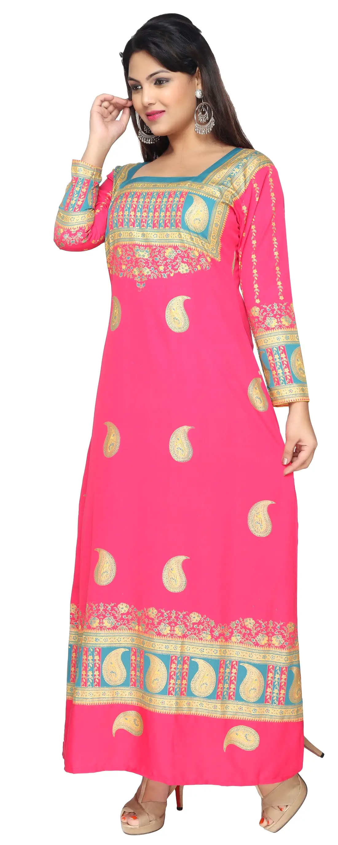 Printed Long Sleeve Women's Caftan Long Evening Dress (Pink)