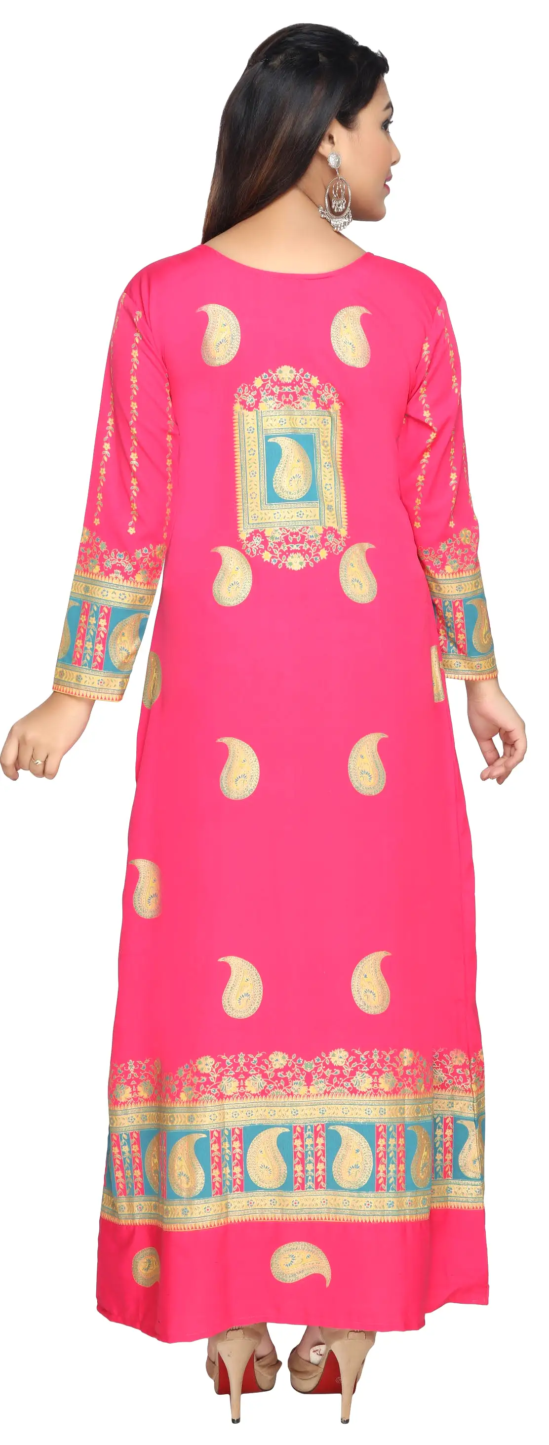 Printed Long Sleeve Women's Caftan Long Evening Dress (Pink)