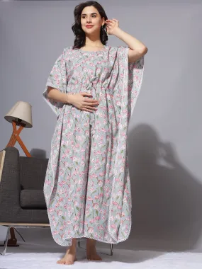 Printed Maternity Kaftan Night Dress With Concealed Nursing Access - Grey