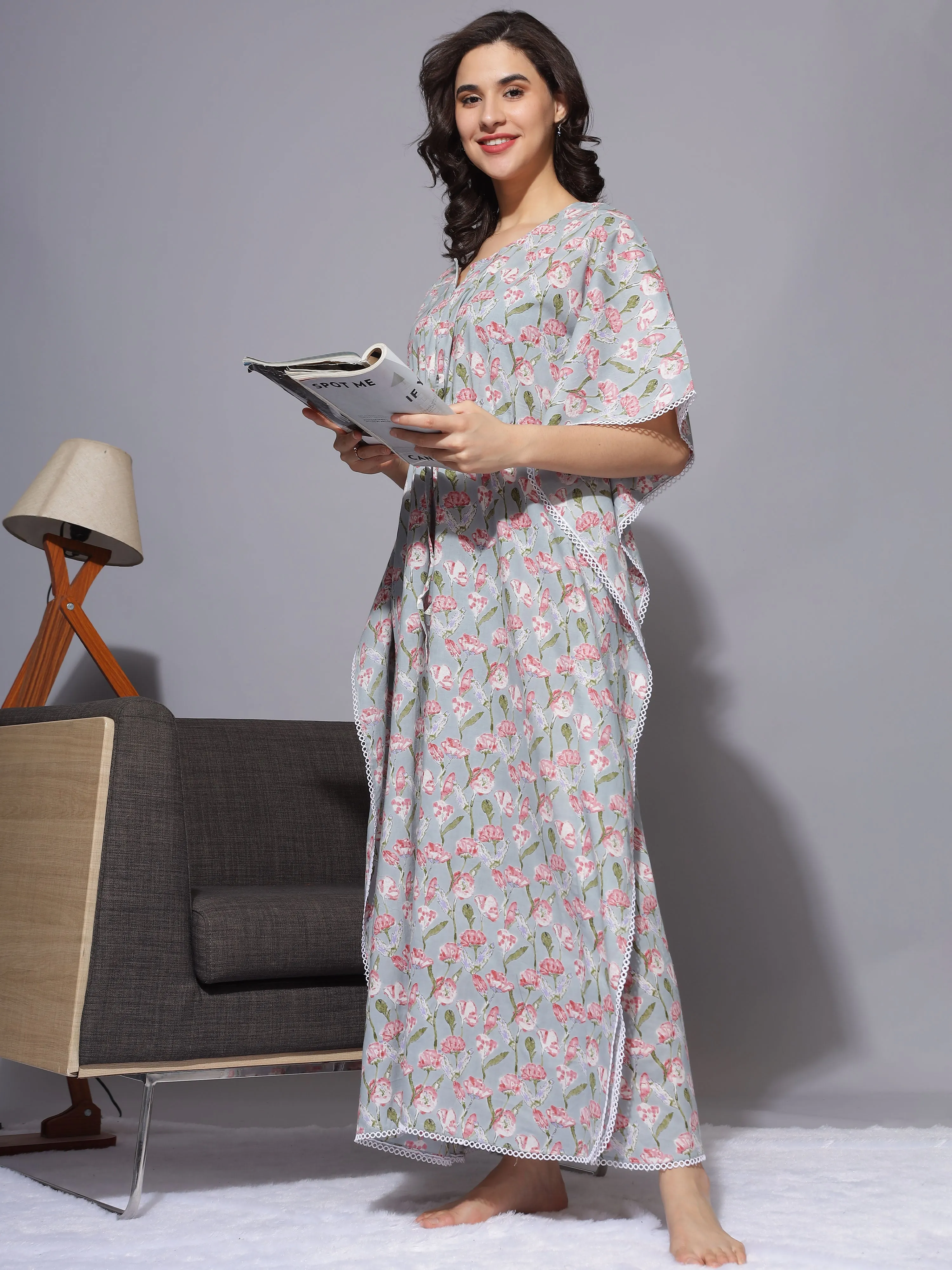 Printed Maternity Kaftan Night Dress With Concealed Nursing Access - Grey