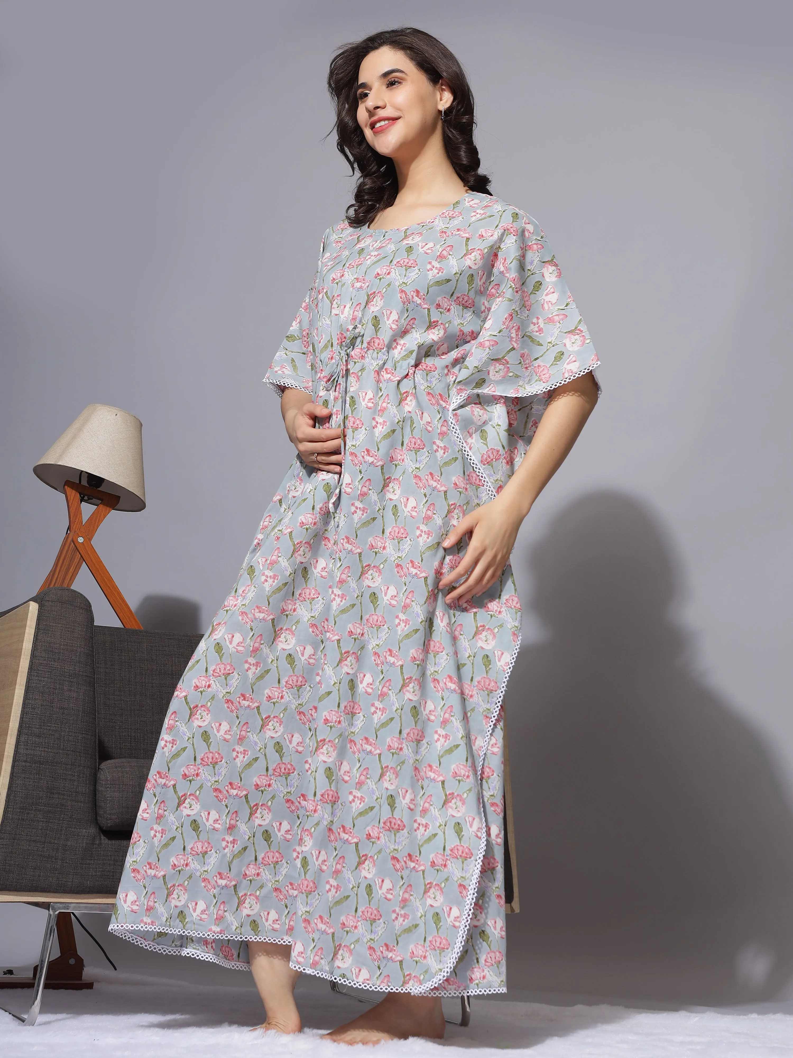 Printed Maternity Kaftan Night Dress With Concealed Nursing Access - Grey