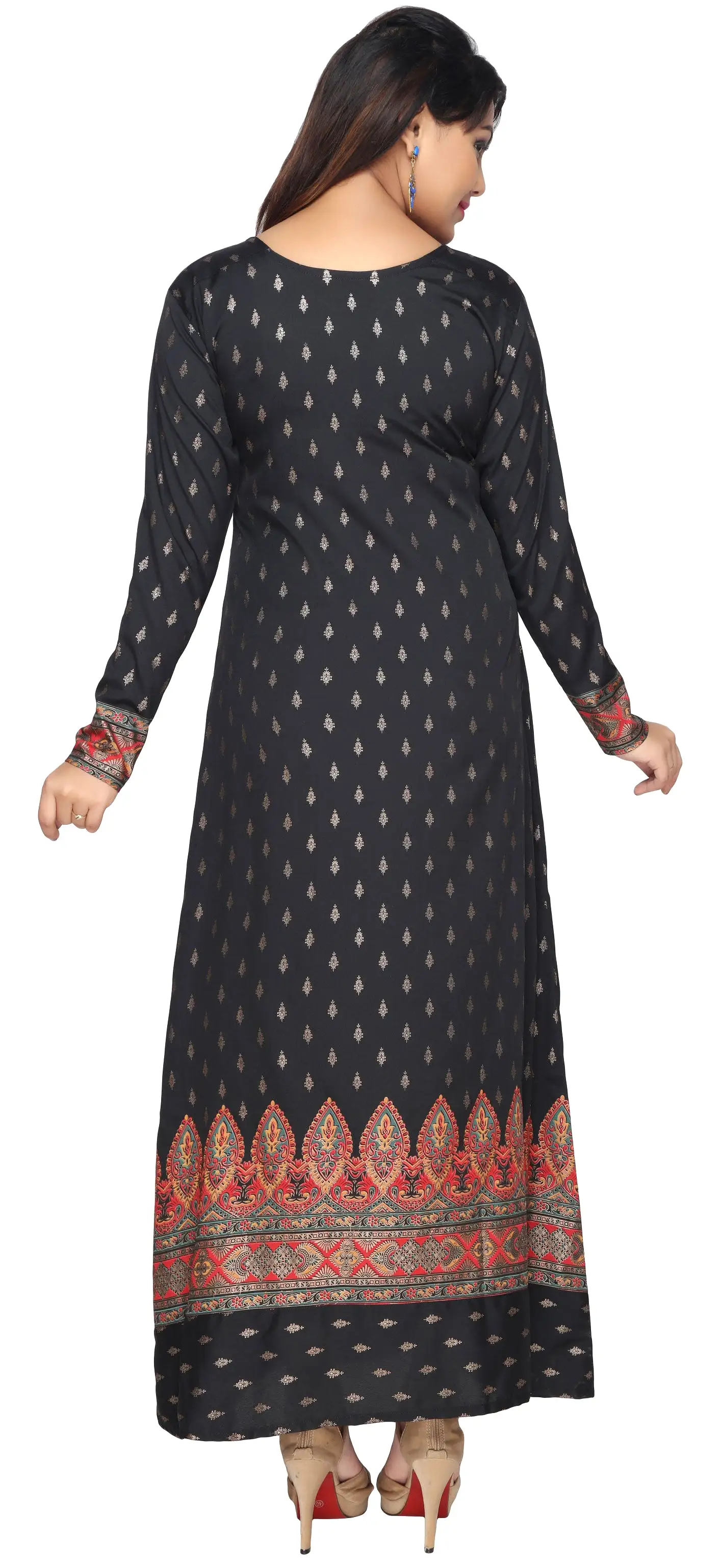 Printed Womens Caftan Long Evening Dress (Black-Red)