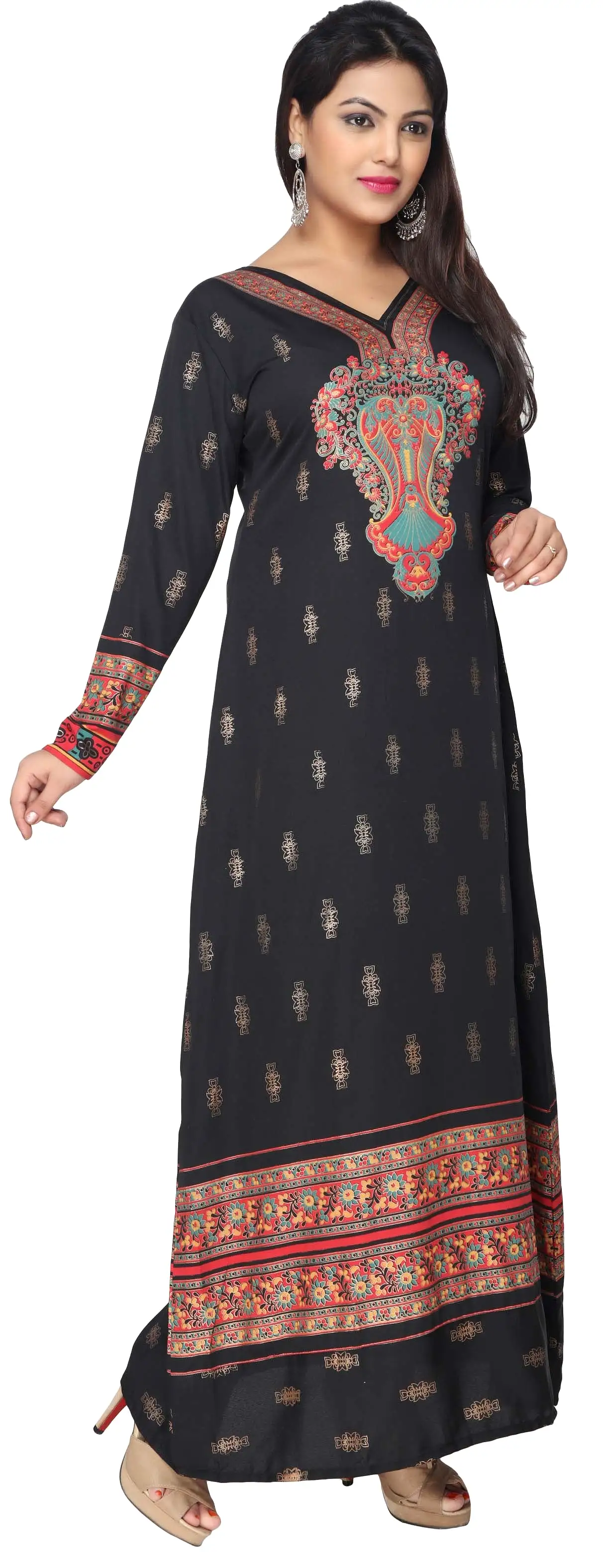 Printed Women's Caftan Long Evening Maxi Dress (Black)