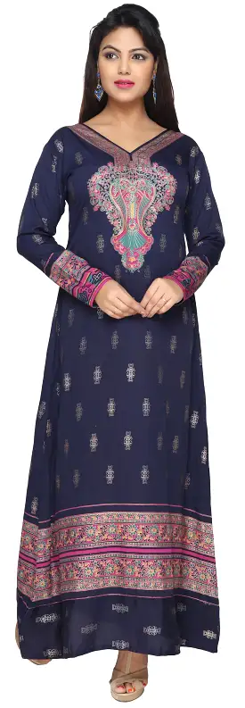 Printed Women's Caftan Long Sleeve Evening Dress Abayas (Blue)