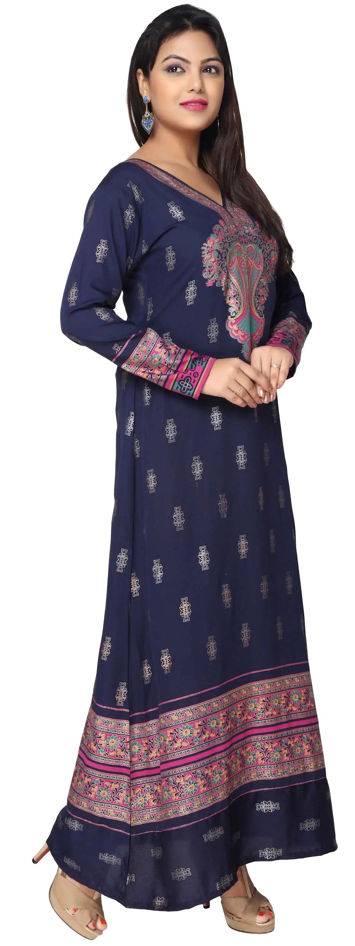 Printed Women's Caftan Long Sleeve Evening Dress Abayas (Blue)