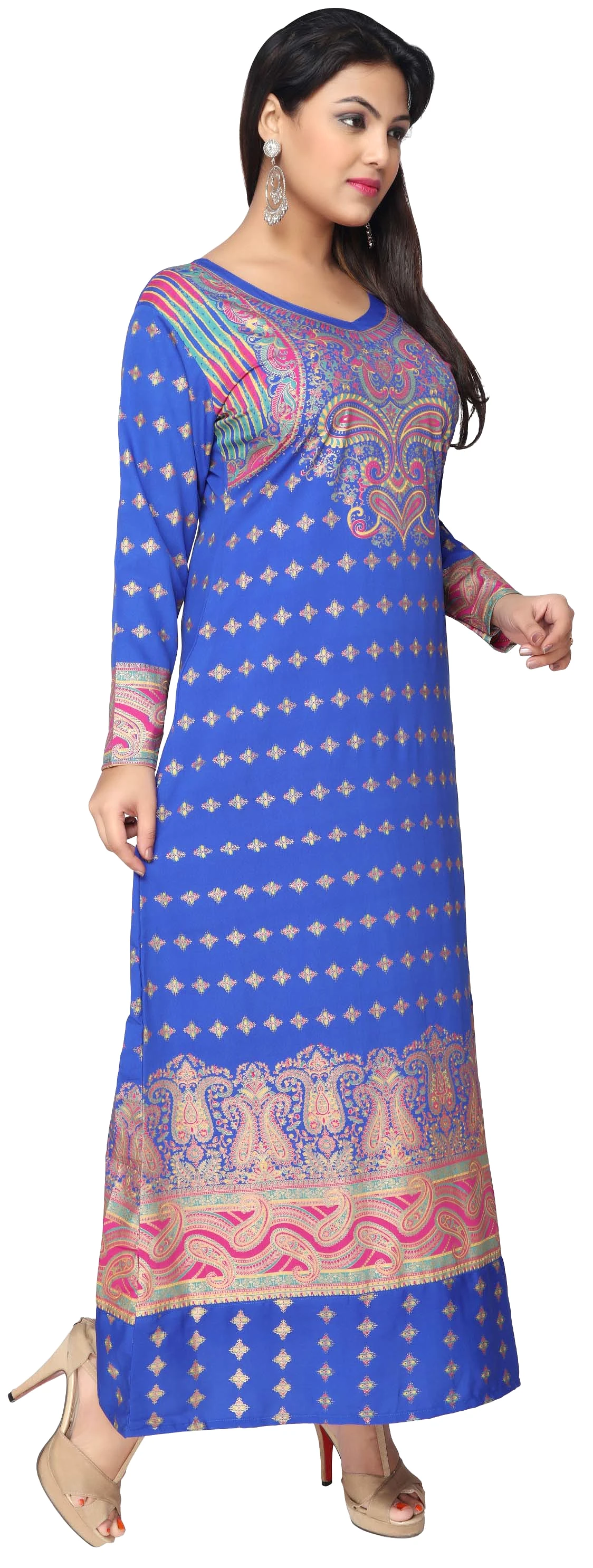 Printed Women's Caftan Long Sleeve Evening Dress Abayas (Blue)