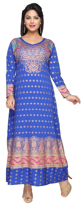 Printed Women's Caftan Long Sleeve Evening Dress Abayas (Blue)