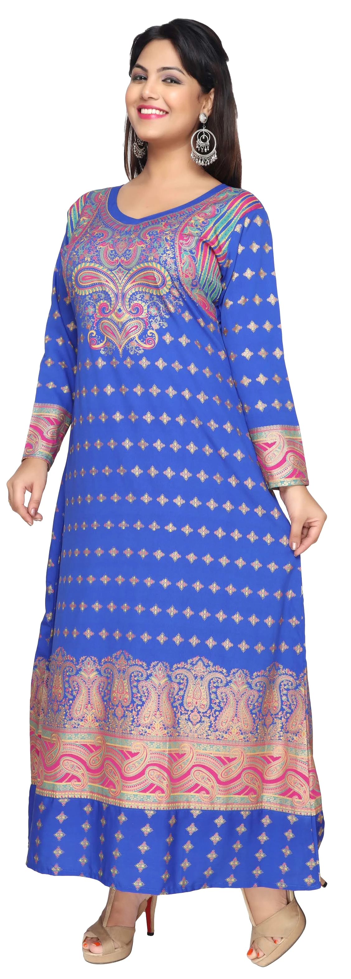 Printed Women's Caftan Long Sleeve Evening Dress Abayas (Blue)