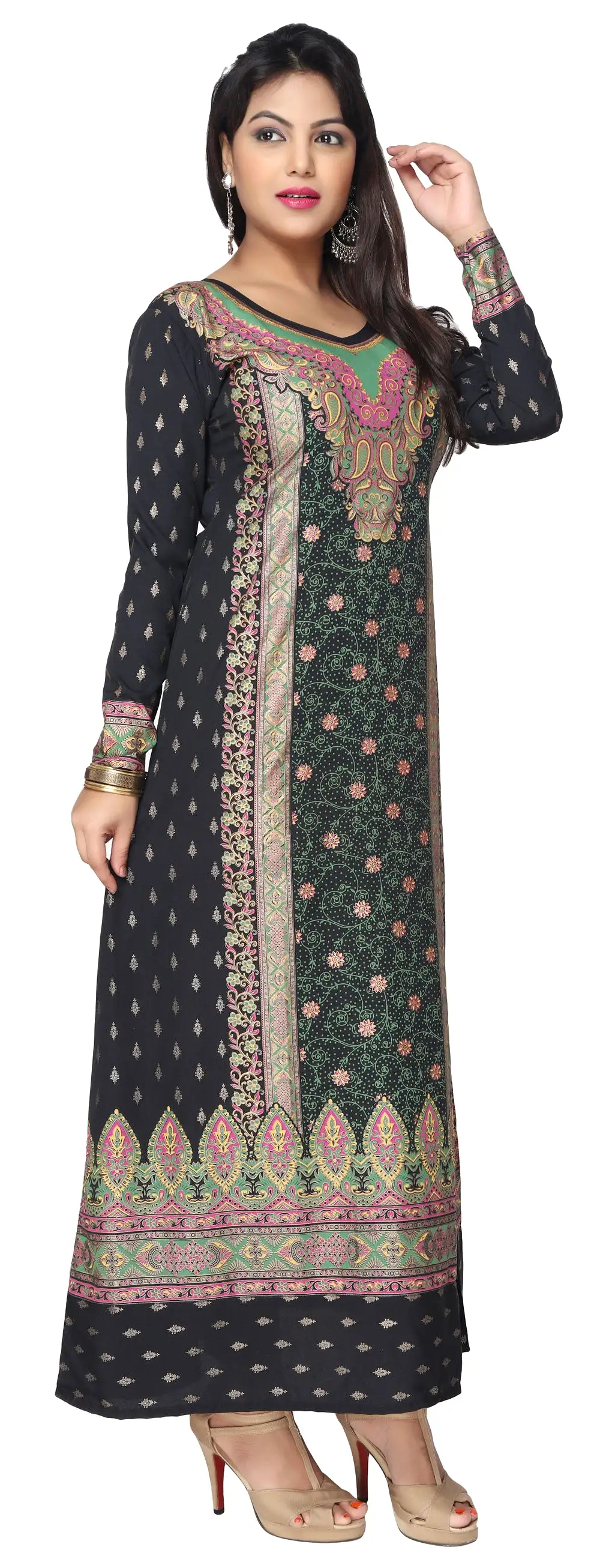 Printed Womens Kaftan Long Evening Dress (Black-Green)