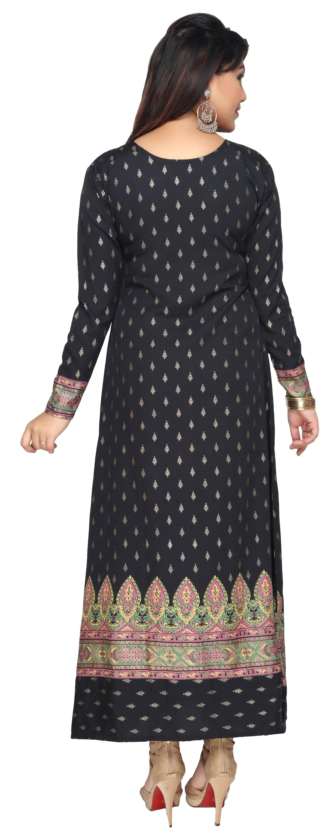 Printed Womens Kaftan Long Evening Dress (Black-Green)