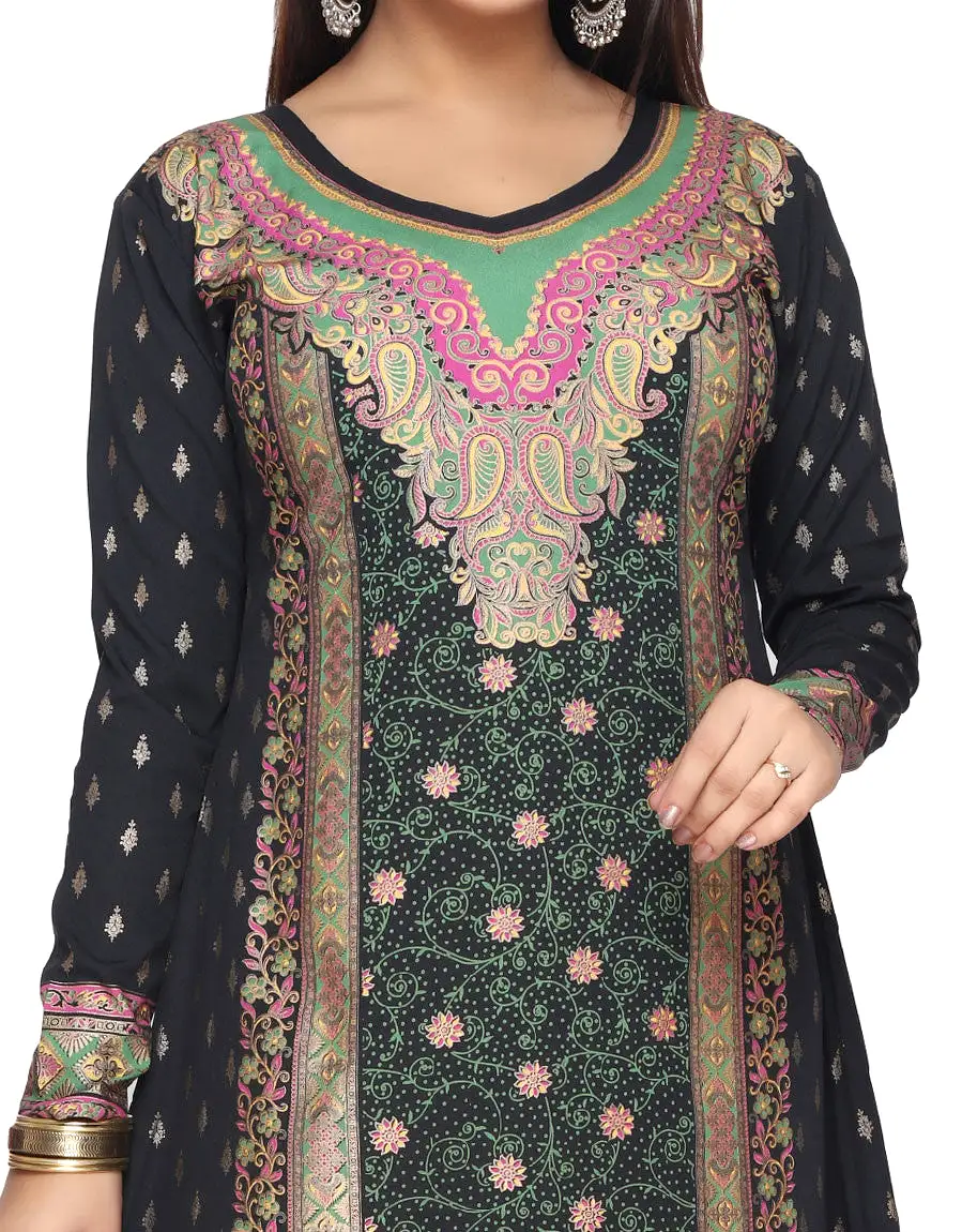 Printed Womens Kaftan Long Evening Dress (Black-Green)