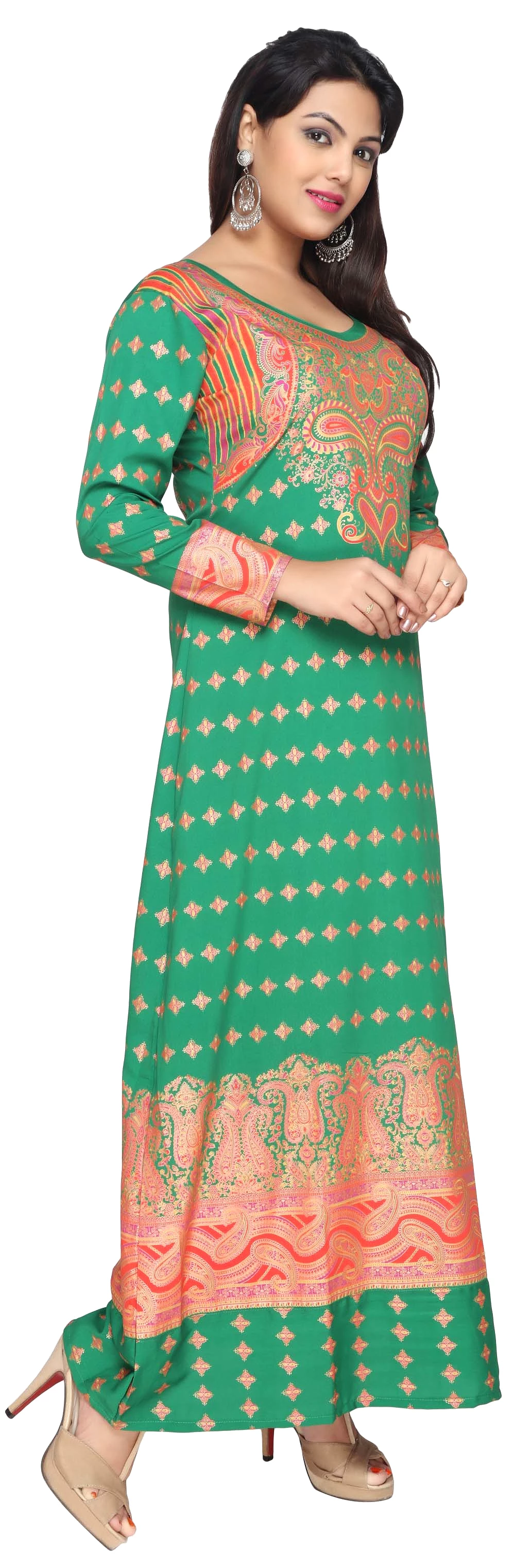 Printed Women's Kaftan Maxi Long Evening Dress (Green)