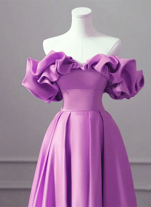 Purple Satin Off Shoulder Long Evening Dress, Purple Wedding Party Dress