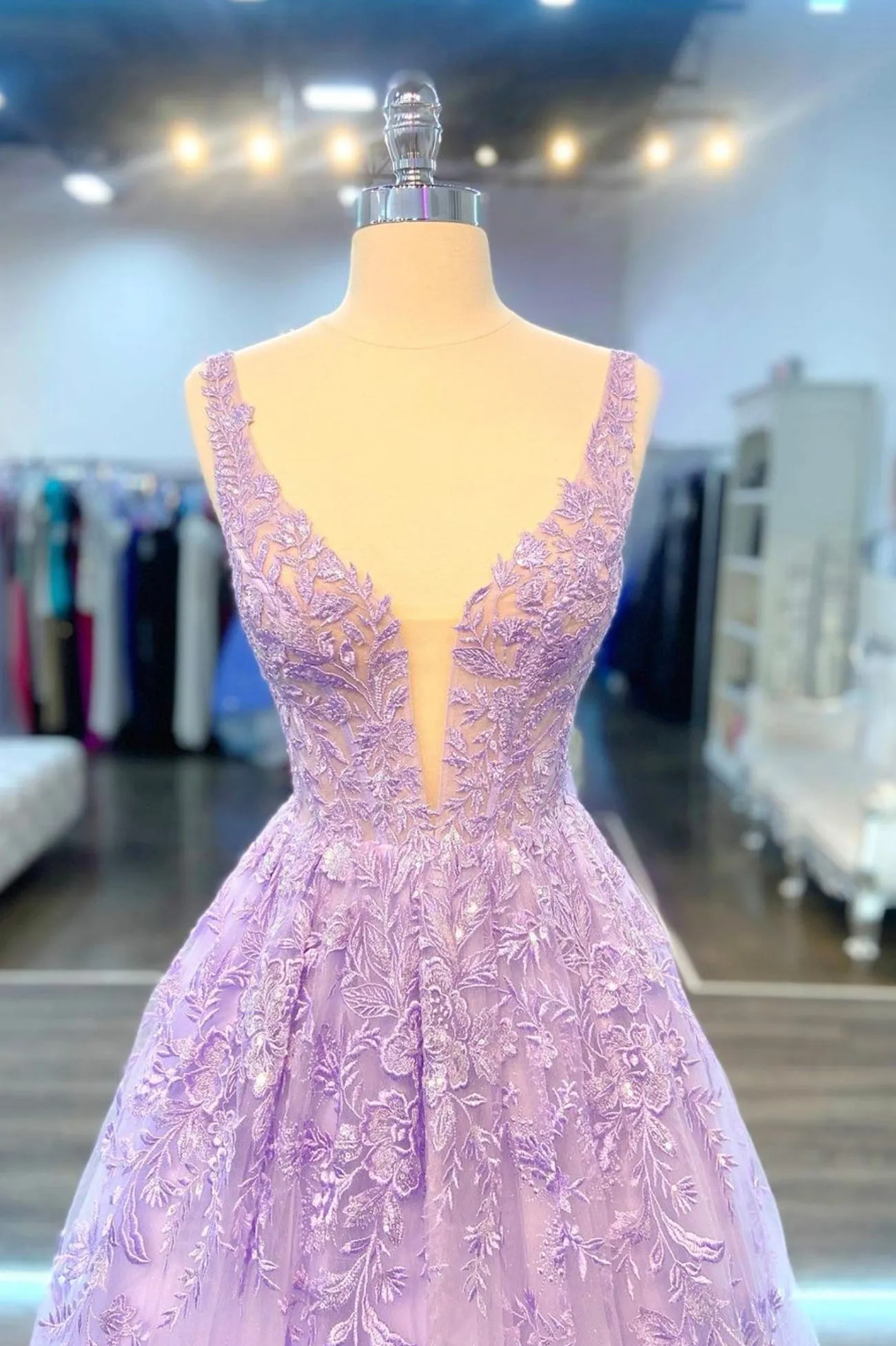 Purple V-Neck Lace Long Prom Dress, Purple A-Line Formal Evening Dress