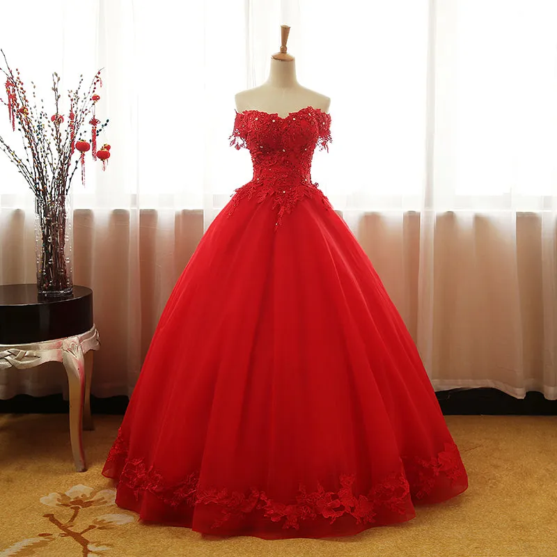 Red Off Shoulder Long Party Dress, A-line Tulle Evening Dress Formal Gown