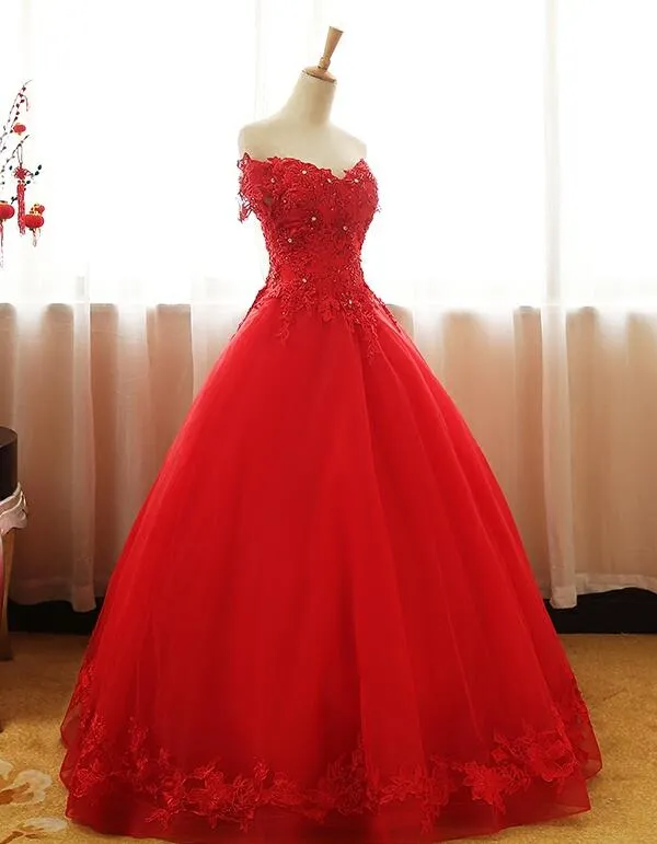 Red Off Shoulder Long Party Dress, A-line Tulle Evening Dress Formal Gown