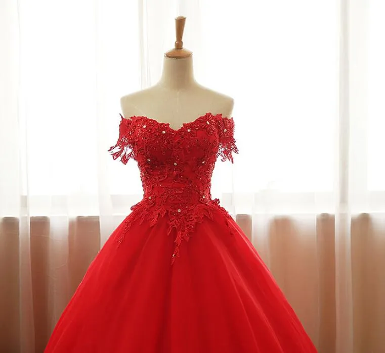 Red Off Shoulder Long Party Dress, A-line Tulle Evening Dress Formal Gown